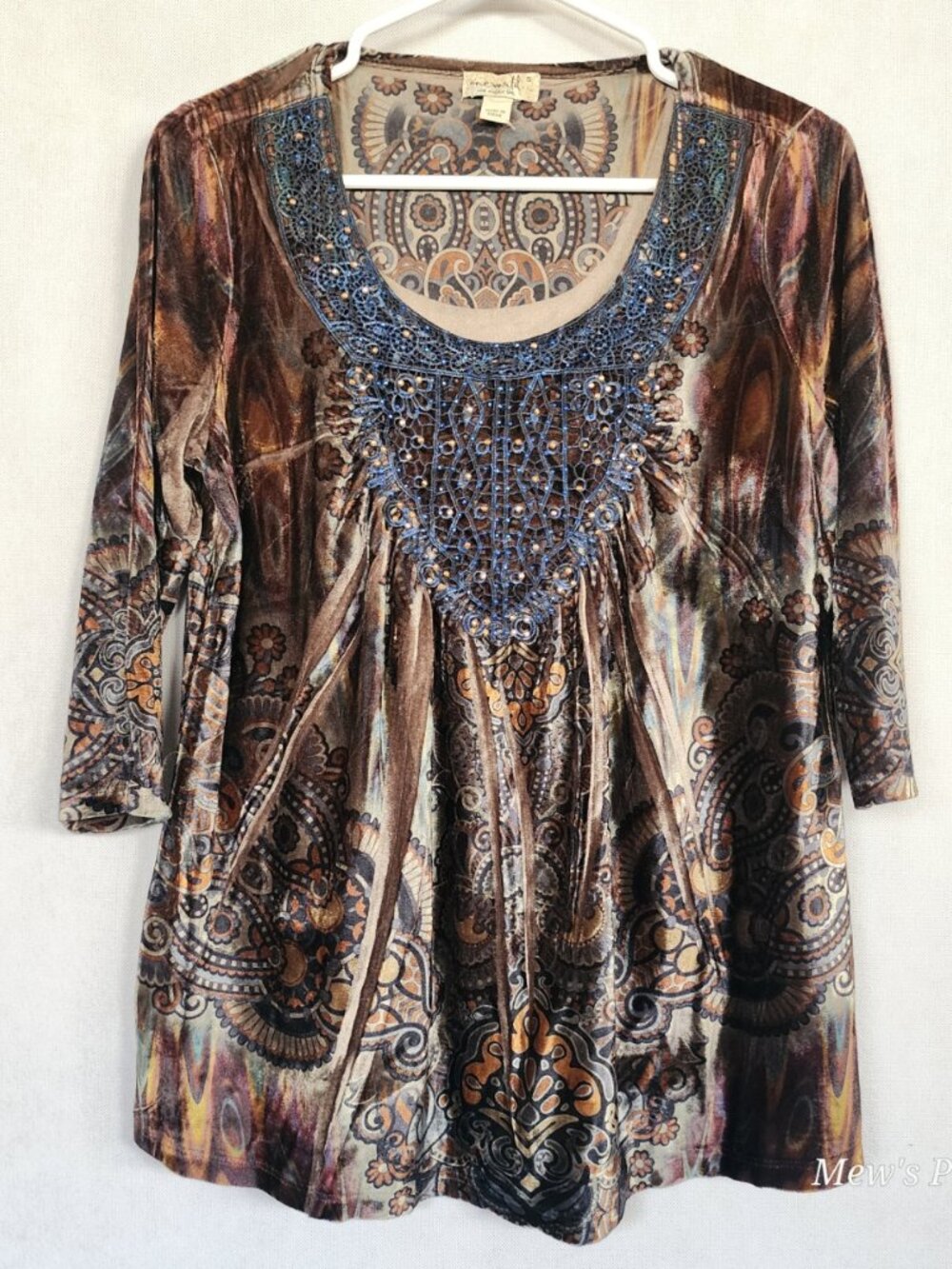 One World Multi-Color Brown with Blue Crochet & Rhinestone Accents 3/4 Sleeve, L